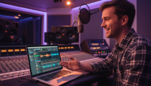 Desenvolvedor utilizando modelo de IA para gerar música em estúdio moderno