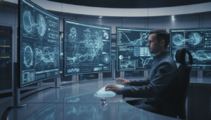 Sala de controle com telas mostrando tráfego de dados e redes neurais, simbolizando a IA controlando o tráfego de busca.