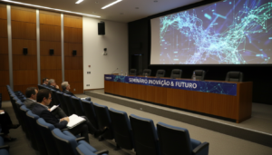 Auditório na Câmara dos Deputados preparado para seminário sobre inteligência artificial e ciência de dados.