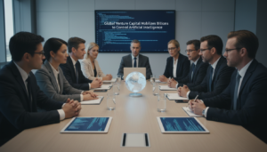 Executivos discutindo investimentos em inteligência artificial em sala de reuniões moderna