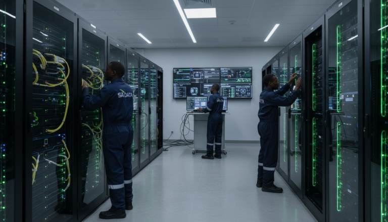 Centro de dados com tecnologia NVIDIA na África do Sul, mostrando a infraestrutura de IA da Cassava Technologies.