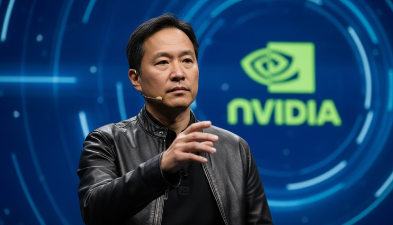 Jensen Huang, CEO da Nvidia, discursando em uma conferência sobre inteligência artificial e os riscos do alarmismo excessivo.