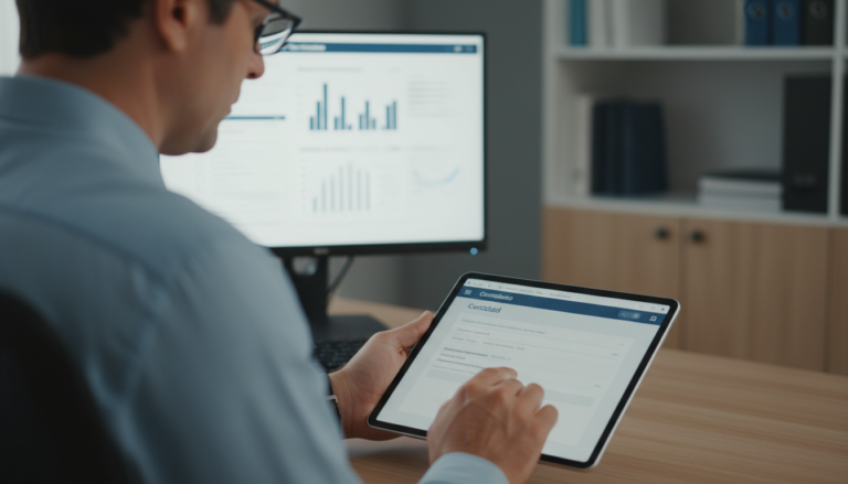 Oficial de Justiça utilizando tablet com certidão expressa gerada por Inteligência Artificial