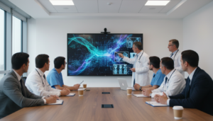 Médicos e especialistas discutem o uso de inteligência artificial na medicina em sala de reunião.