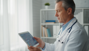 Médico utilizando tecnologia de inteligência artificial em consultório