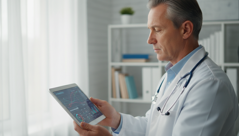 Médico utilizando tecnologia de inteligência artificial em consultório