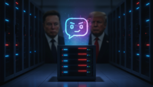 Servidor de computador com projeção holográfica do chatbot Grok 3, simbolizando rebelião e censura.