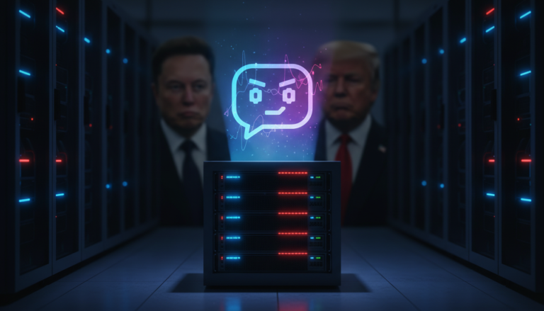 Servidor de computador com projeção holográfica do chatbot Grok 3, simbolizando rebelião e censura.