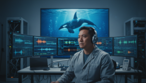 Cientista usando inteligência artificial para analisar ondas sonoras de animais