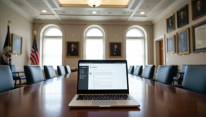 Laptop exibindo ChatGPT em uma sala de reuniões do Senado dos EUA.