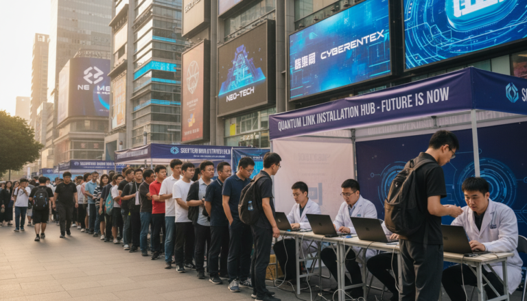Pessoas em fila para instalar o agente de IA OpenClaw em Shenzhen, China.