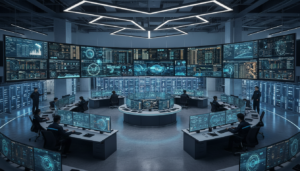 Centro de controle de dados na China com foco em inteligência artificial.