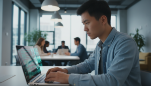 Empreendedor chinês focado em seu laptop desenvolvendo software de IA em um centro de inovação.