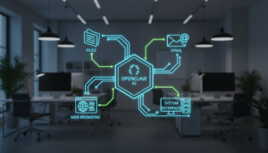 Diagrama conceitual do agente de IA OpenClaw interagindo com um sistema de computador