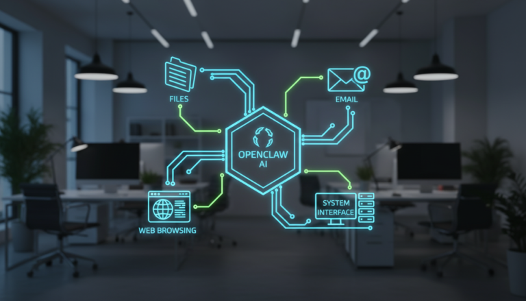 Diagrama conceitual do agente de IA OpenClaw interagindo com um sistema de computador