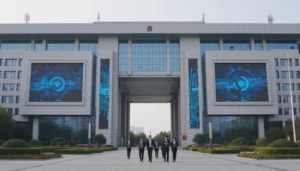 Prédio governamental na China refletindo a nova regulamentação sobre IA.