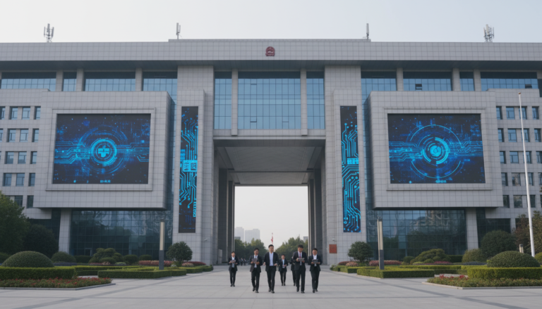 Prédio governamental na China refletindo a nova regulamentação sobre IA.