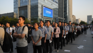 Trabalhadores chineses em fila para acesso a nova tecnologia de IA