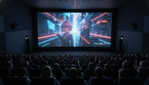 Público assistindo ao filme 'Iva Delta 7' criado com inteligência artificial no Cinemisp