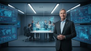 Executivo da Cisco em um centro de operações de segurança com foco em IA agentic.