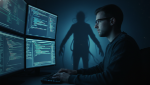 Programador trabalhando em um computador com código de IA exibido, sob a sombra de uma ameaça cibernética