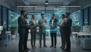 Analistas de mercado estudando gráficos de ações de empresas de inteligência artificial em um escritório futurista.