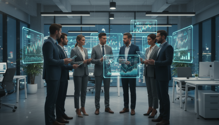 Analistas de mercado estudando gráficos de ações de empresas de inteligência artificial em um escritório futurista.