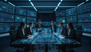 Equipe de segurança cibernética trabalhando em uma sala de controle avançada contra ameaças de IA.