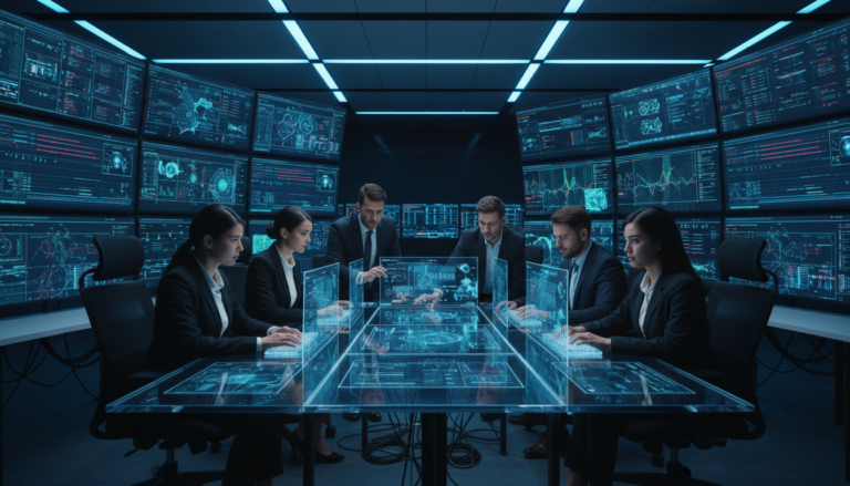 Equipe de segurança cibernética trabalhando em uma sala de controle avançada contra ameaças de IA.
