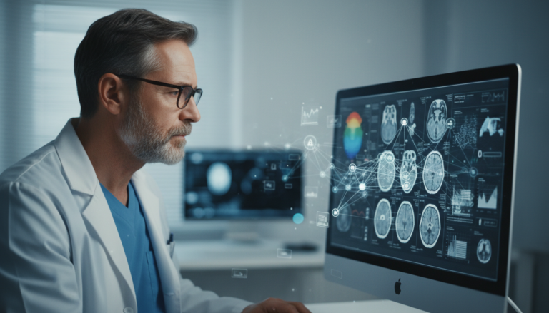 Médico analisando exame de imagem com auxílio de inteligência artificial
