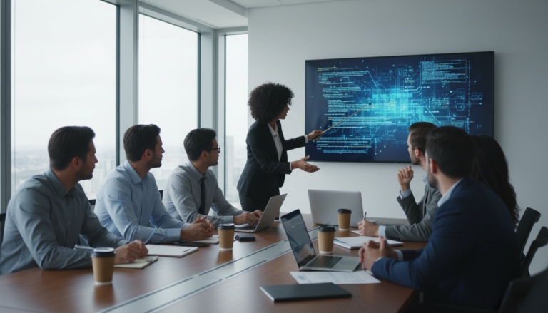 Profissionais discutindo o uso de ferramentas de inteligência artificial em uma sala de reuniões.
