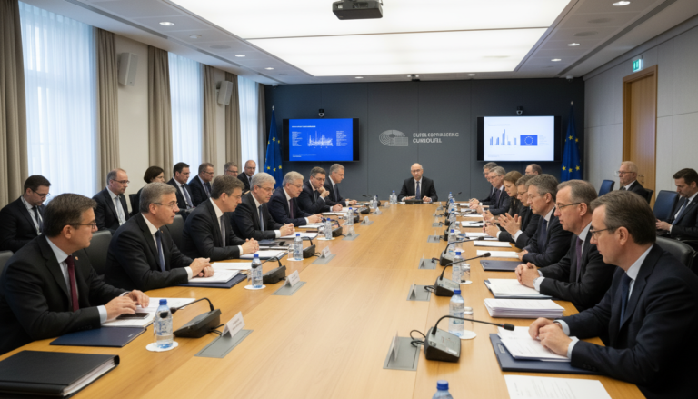 Reunião do Conselho Europeu discutindo novas regulamentações para inteligência artificial.
