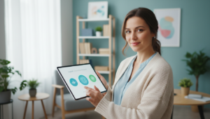 Psicólogo utilizando tablet com software de IA em consultório