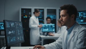 Cientistas usando tecnologia de IA para detectar desinformação gerada por IA em laboratório moderno.