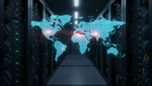 Sala de servidores de alta tecnologia com mapa holográfico destacando China e EUA, simbolizando a corrida global pela IA.