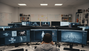 Sala de desenvolvimento de jogos com arte conceitual em monitores.