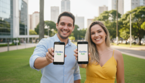 Pessoas usando o novo aplicativo da prefeitura de Curitiba em seus celulares
