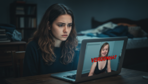 Deepfake exploratório em tela de computador, mostrando o impacto da IA em crimes