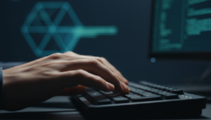 Mãos digitando em um teclado de computador, simbolizando tecnologia e deepfakes.