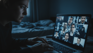 Indivíduo preocupado observando deepfakes alarmantes em um laptop.