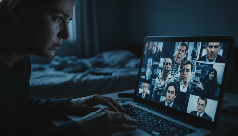 Indivíduo preocupado observando deepfakes alarmantes em um laptop.