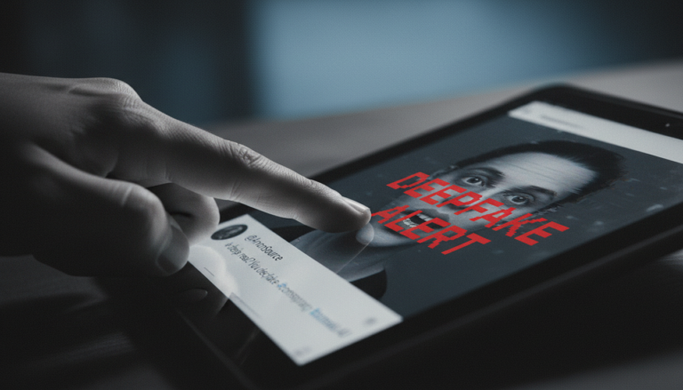 Close-up de um dedo tocando um tablet exibindo um rosto deepfake em uma rede social.