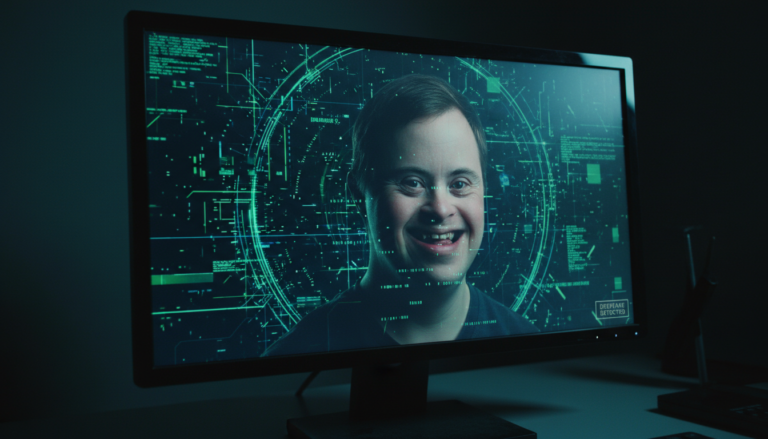 Tela de computador exibindo um deepfake gerado por IA explorando deficiência.