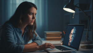 Mulher preocupada olha para um deepfake em um laptop, representando a exploração de vulnerabilidades.