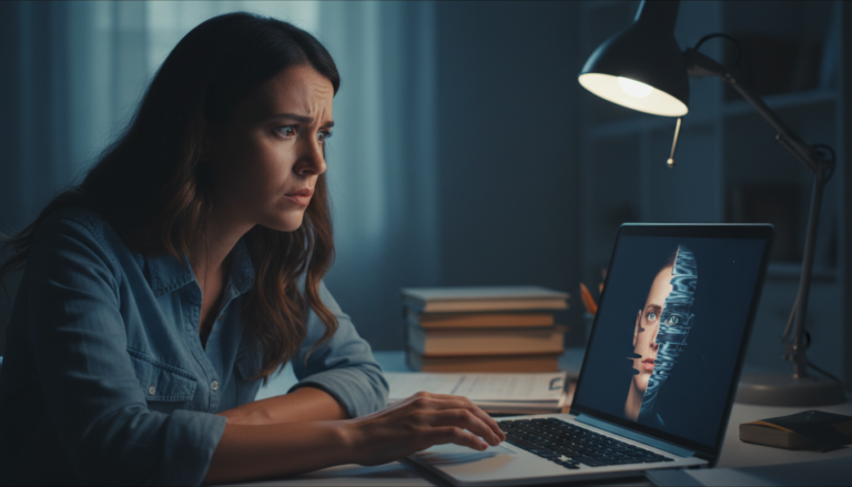Mulher preocupada olha para um deepfake em um laptop, representando a exploração de vulnerabilidades.