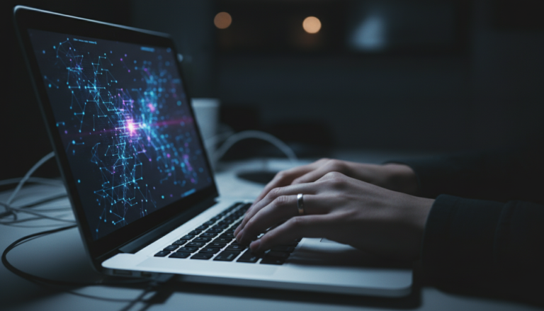 Mão digitando em um laptop com tela exibindo gráficos de IA