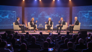 Painel de debate sobre deepfakes e IA generativa em evento de tecnologia