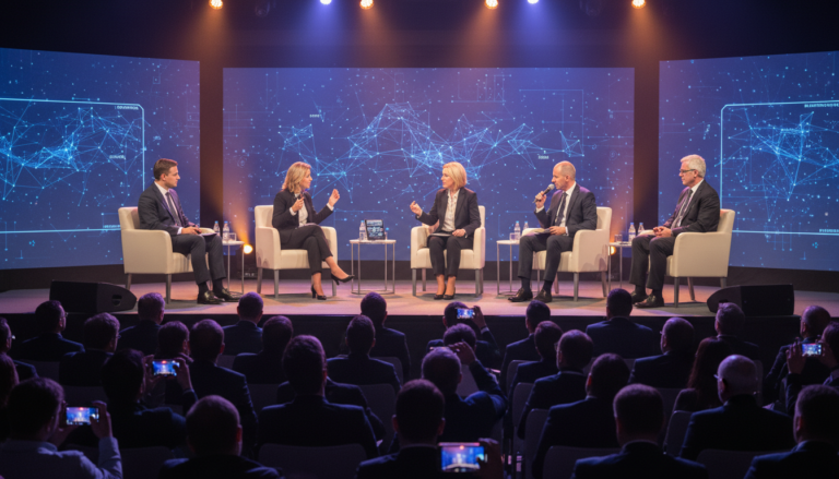 Painel de debate sobre deepfakes e IA generativa em evento de tecnologia
