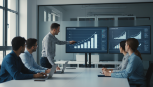 Engenheiros de IA discutindo gráficos de desempenho e lucratividade teórica de modelos de inteligência artificial.