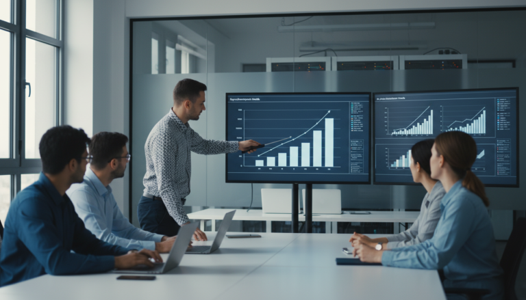 Engenheiros de IA discutindo gráficos de desempenho e lucratividade teórica de modelos de inteligência artificial.